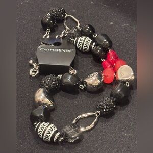 Catherines Black and Red Beaded Necklace with Silver Accents 36-39 inch